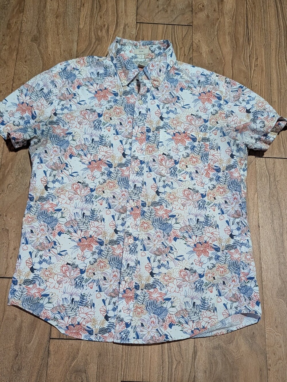 Slim Fit Floral Short-Sleeve White with Blue & Coral Floral